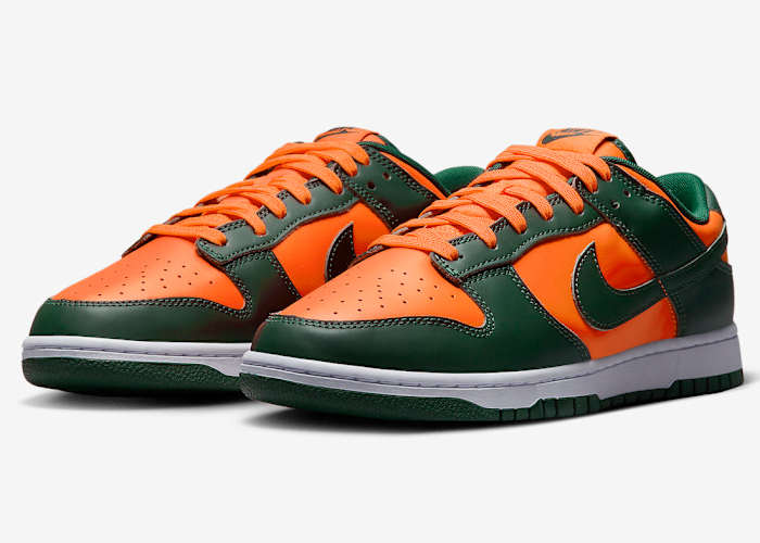 Green and orange Nike Dunk shoes.